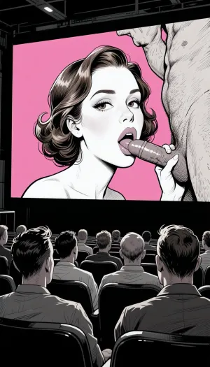 (detailed pen and ink sketch:2), extremely stylized background, A black and white illustration in a bold, graphic style, from the back of a completely dark movie theater packed with an audience, men only, sitting in rows of seats. The viewer is positioned behind the male viewers, showing only the backs of their heads as they face forward, watching the giant cinema screen. A hardcore porn movie projected crystal clear on the screen, dominating the center of the frame.
On the screen, a full-body sex scene is projected. The projected scene features a ultra-sharp, high-definition hardcore sex scene, dominating the center of the frame. The projected scene features a ultra-sharp, crystal-clear, high-definition hardcore image of a female pornstar performing oral sex in the studio. On the screen, pink wall, cinematic. A sex scene οf the woman on the knees, grabbing and sucking the cock of a standing tall man in close view on the screen, clearly performing a deep, sloppy blowjob. The actress on the screen is beautiful, oval face, large cheeks, big brown eyes, arched eyebrows, makeup, nice lips. Flawless 1960s bouffant hairstyle. The hair is puffy, wavy, short, brown hair with flipped edges and one large side fringe. The woman on the screen is looking at the audience, turning her face entirely towards the audience. She looks horny and seductive, with horny eyes. High-contrast composition, dramatic depth of field.
The artwork uses soft-contrast linework and cross-hatching for texture and depth, with a stark, graphic quality reminiscent of French adult comix. The lighting is implied through strong shadows and line work, creating a dramatic, theatrical mood. The overall style is illustrative, with exaggerated proportions and a focus on narrative and character interaction. The maiden's face is drawn with exquisite attention to detail and realism.