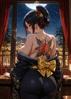 (big window, kyoto, mountains, night, moon, stars, shooting star, milkyway), slightly above shot, (establishing shot:1.5), back view, 1 female, Geisha, holding a glass of red wine, contemplating, bothered expression, hotel room, elegant furniture, silken curtains, dark yukata with a golden pattern, dark hair, red hair ornament, hairpin, medium sized breasts, visible thighs and cheeks through the fabric, curvy, bare shoulders, brown eyes, extremely detailed eye, pink lipstick, black eyeshadow, cleavage, she has a colorful back tattoo with intricate details which is partly covered by her yukata which sits very low, the city in the background is glowing with vibrant colors, masterpiece, absurdres