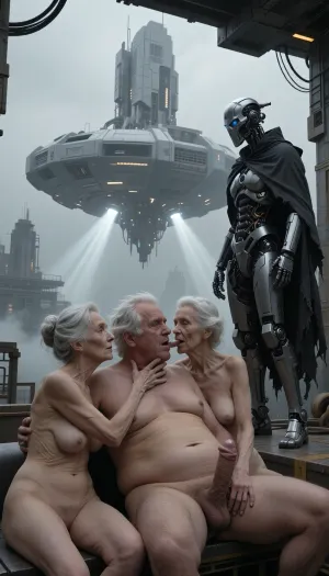 In an outdoor room, an obese old man with a prominent belly and disheveled white hair is sitting on his back. His penis is erect. Two elderly, naked, and stout women, around 90 years old, are also present. Their skin, marked by wrinkles, (small, long, sagging breasts, thin skin), is that of women of their age., (One of the women performs fellatio on the man:3.9), Cinematic science fiction concept art, a solitary futuristic cyborg figure, wearing a mechanical skull-shaped mask and a dark, tattered cape, stands on a ledge, contemplating a huge floating monolithic structure, heavy industrial architecture, a hazy, misty atmosphere, dramatic beams of light bursting from beneath the vessel, a monochrome color palette with shades of grey and muted highlights, intricate mechanical details, a cyberpunk aesthetic, an epic scale, hyperrealistic, highly detailed, sharp focus, volumetric lighting, digital painting, trending on ArtStation, in the style of Simon Stålenhag and H.R. Giger.