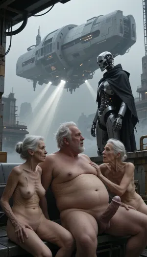 In an outdoor room, an obese old man with a huge belly and disheveled white hair sits on his back. His big penis is erect. Two elderly, naked, and stout women, around 90 years old, are also present. Their skin, marked by wrinkles, (small, long, sagging breasts, thin skin), is that of women their age., (One of the women is masturbating the man:1.9), meters tall., cinematic sci-fi concept art, a lone futuristic cyborg figure with a mechanical skull-like mask and a dark tattered cloak standing on a ledge, looking out at a massive colossal monolithic floating spaceship structure, heavy industrial architecture, misty and foggy atmosphere, dramatic light rays beaming from beneath the spaceship, monochromatic color palette with shades of gray and muted highlights, intricate mechanical details, cyberpunk aesthetic, epic scale, hyper-realistic, highly detailed, sharp focus, volumetric lighting, digital painting, trending on ArtStation, style of Simon Stålenhag and H.R. Giger.