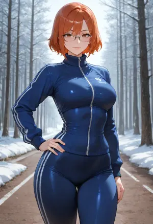 masterpiece, best quality, absurdres, newest, highres, very aesthetic, 1girl, solo, mature female, adult, rimma, (prostokvashino), mama dyadi fedora, short hair, red hair, orange hair, bangs, square glasses, rectangular glasses, beautiful detailed eyes, slender, narrow waist, medium breasts, athletic body, shiny skin, blue tracksuit, sport tracksuit, tight tracksuit, zipper, sportswear, form-fitting clothes, standing, looking at viewer, slight smile, confident expression, hand on hip, outdoors, snowy background, winter forest, detailed background, soft lighting, cinematic lighting, detailed face, detailed eyes, intricate details, highly detailed