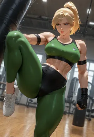 masterpiece, best quality, absurdres, newest, highres, very aesthetic, 1girl, solo, mature female, adult, sonya blade, (mortal kombat), blonde hair, blue eyes, ponytail, swept bangs, athletic, toned, muscular female, medium breasts, narrow waist, thick thighs, green sports bra, midriff, green leggings, black buruma, armband, fingerless gloves, black gloves, white sneakers, kicking, high kick, leg up, dynamic pose, punching bag, hitting punching bag, focused expression, determined, gym, gymnasium, indoor, exercise equipment, detailed background, cinematic lighting, dynamic angle, motion blur, detailed face, detailed eyes, intricate details, highly detailed