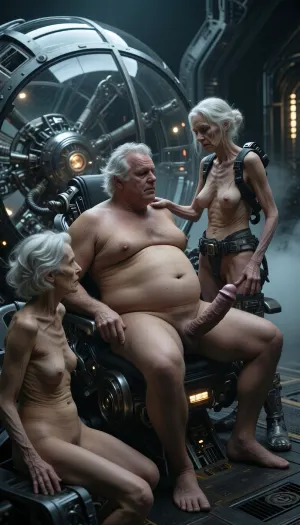 In an outdoor room, an obese old man with a huge belly and disheveled white hair sits on his back. His enormous penis is erect. Two elderly, naked, and stout women, around 90 years old, are also present. Their skin, marked by wrinkles, (small, long, sagging breasts, thin skin), is that of women their age., (One of the women is masturbating the man:1.9), meters tall., cinematic view, a person sitting inside a futuristic spherical glass cockpit of a complex mechanical spacecraft, sci-fi pilot, intricate mechanical details, metallic textures, glowing lights, pilot gear, hazy and misty atmosphere, gloomy moody lighting, highly detailed industrial design, volumetric fog, cinematic composition, photorealistic, 8k resolution, detailed shadows, dark science fiction style, Giger-esque aesthetic, deep depth of field, sharp focus on the cockpit.