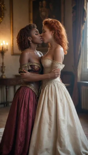 Two women, Princess, Caucasian, Redhead, wearing an elaborate gown tearing at the brown tattered rags of the slave woman who is Black and her round breasts are exposed, African with dark skin, while trying to hide as they kiss passionately, Castle