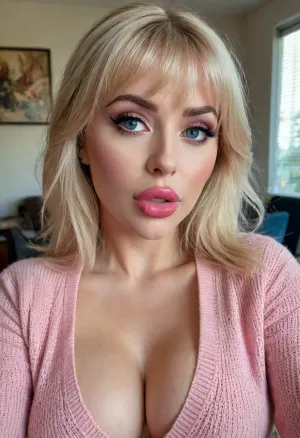 busty blonde woman, blonde dyed hair with bangs, big red lips, kiss mouth, big blue eyes, eyeshadow, blush, heavy makeup, pink cardigan, with deep cleavage, bmbplora, <lora:bimboxl_02:.8>
