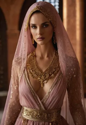 (based on a scene from the film ‘Dune’), Lady Jessica of the Bene Gesserit Order, official concubine of Duke Leto Atreides, upon arrival on Arrakis, (in richly decorated attire), ((with a mesh veil covering her face)), (beautiful expressive eyes), ((low-cut dress with a hood)), (intricate gold chains and necklaces), ((mesh sleeves), gold inlaid belt, (soft pink fabric), (subdued color), (deep shadows), (soft lighting), (portrait), ((woman from the entourage in the background)), (cinematic quality), (photorealism), (high detail), (depth of field), (staged), (epic scale), (atmospheric))