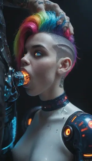 tall, athletic, buxom, (android:1.5), (iridescent chalk white skin:1.2), (iridescent electric blue robotic body:1.4), (colorful fluorescent buzzcut hair:1.5), (iridescent void eyes:1.3), (deepthroat:1.3), gagging, slobering, saliva, cyberpunk hotel bedroom