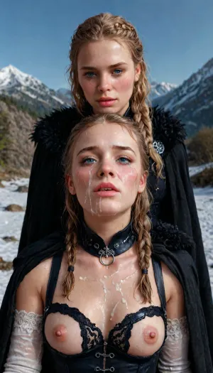 (deep double anal fucked by 70 year old men with giant cocks), two cocks in ass, (large cocks:1.3), huge testicles, creampie, dripping lot of cum from anus and leg, UHD 8K, extreme realism, maximum detail, hyperrealistic, 8K, BadX, Stable-Yogis-Makeup-Enhancer-XL, ((Beautiful Sansa Stark from game of thrones:1.32)), ((medium breasts, black sexy suspenders on, black sexy corset, (no panties:1.2), (no underwear:1.2), black cape, long braided blonde hair, sexy black long gloves:1.4)), she stands there confidently, looks seductive, next to her stands a big snow-white wolf from games of thrones, show whole body in the picture, castle, (Realism:1.8), artstation, (epic realism:1.1), (HDR:1.1), intricate details, photorealistic, (the mountain from game of thrones:1.6), her cheeks are tear-stained, crying, running makeup, sweaty skin, 1.3, (excessive cum), 1.4, (cum on face), (cum on body), (Cum in hair), 1.3photorealistic cum, thin runny cum, thick chunky cum bukkake, unwanted bukkake, 4boys, 5boys, 6+boys, multiple black men, Transparent Liquid, gangbang, orgy, penis, cum, cumbath, black_dicks_everywhere, drooling cum, multiple black cock cumming on face, drenched in cum, 10 black cocks surrounding face, 10 massive black cocks, 10 equine cocks, pony cocks, wearing converse chucks, wearing flat shoes, wearing short leather jacket, wearing leather harness, thick leather collar, goth style, Photoreal, (medieval torture Setting), contrasting shadows, bright light patches, light caustics, bright neon lights, wet ground, ultimate realistic 3d rendering perfection, cinematic photography, cinematic lightning, professional depth of field, 3-point lightning, sharp eye focus, (full frontal), night time, (volumetric lighting), professional photographer shot on kodak, 35mm photo, sharp focus, high budget, cinemascope, 100 mm lens, 1/250 s, f/2.8, ISO 300, (high view:1.15), (deep deepthroat:1.6), (gigantic massive thick veiny cock:1.4), chocked expression, open mouth ring gag, (mouth stretched around thick cock:1.3), hand on head, blowjob, (deepthroat:1.6), choaking on dick, drooling, ((crying:1.7)), excessive drooling, in eye, (running makeup), (cum drips from nose:1.3), (cum drips from mouth:1.3), (cum spurts from nose:1.3), (cum spurts from mouth:1.3), (cum dripping on cleavage:1.1), bounce lines, large cock, large balls, throat bulge, view from above and slightly from the side, huge_werewolf_dicks_everywhere, multiple werewolf cock cumming on face, 10 werewolf cocks surrounding face, 10 massive werewolf cocks, 10 werewolf cocks, werewolf pony cocks, (very low view:1.21), night, red moon, (thick tears:1.8), ((desperate expression)), <lora:sansa stark SDXL - sns woman:2>, <lora:EdobWerewolf_XL_v1.0:2>, <lora:detailed_notrigger:2>, <lora:LCMTurboMix_Euler_A_fix:2>, <lora:photorealistic_portrait_notrigger:2>