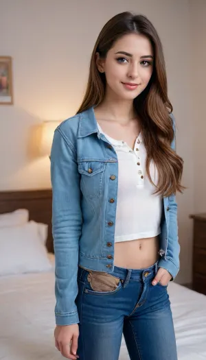 israeli white 22 years women very tall and athletic, very white skin, black large eyes, oval face, cute, long nose, full makeup, very sexy, very big tits artificial like in anime, all height, 1, 90 meters, athletic, very long brown silk hair, she wearing double denim, she wearing blue washed thick jeans jacket with very long sleeve, a white cropped henley sexy sweater with buttons, she wearing long large jeans pants, she is very cute, innocent, smile, very romantic bedroom background, show entire body from keeel to head