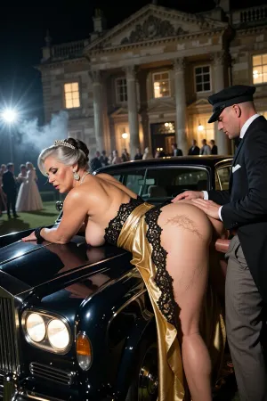 Hyper-realistic masterpiece, 8k UHD, sharp focus, dynamic angle, explicit uncensored sex, a voluptuous BBW older Dowager Duchess with massive breasts and a visible hairy pussy, bending, leaning forward, lying on her stomach across the bonnet with her exposed ass in the air, being fucked by her male chauffeur from behind on the bonnet of a dark vintage Rolls Royce, gold satin ballgown with black lace trim pulled up, small tiara, necklaces and big earrings, chauffeur in a formal suit and peaked cap with trousers around his ankles, passionate intercourse, explicit and visible penetration and stretching of her anus around his thick veiny penis, anal sex, detailed skin textures, realistic body proportions. Background, grand English country mansion at night, spotlights in the ground uplighting the stone facade, massive front door with Doric columns, warm lights glowing in windows, blurred silhouettes of party guests in the lower ballroom. Lighting, dramatic chiaroscuro, contrasting deep night shadows with warm golden interior light and stark white exterior spotlights, cinematic composition, opulent atmosphere, rich colors, intricate fabric textures of satin and lace. Smokey misty atmosphere.
