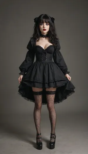Excellent, detailed, high-quality image, featuring a gothic girl, gothic doll cosplay, pale skin, doll clothes, cleavage, dress, deep neckline, high-knee platform blitzkids, fishnet nylon stockings, cosplay doll, horror movie, sexy gothic girl.