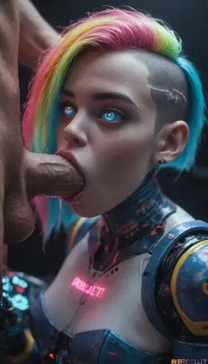 tall, athletic, buxom, (android:1.5), (iridescent chalk white skin:1.2), (iridescent electric blue robotic body:1.4), (colorful fluorescent buzzcut hair:1.5), (iridescent void eyes:1.3), (deepthroat:1.3), gaging, slobering, saliva, cyberpunk hotel bedroom