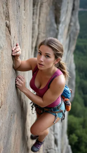 female rock climber, high camera angle, big breasts