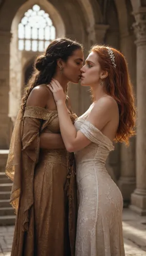 Two women, Princess, Redhead, wearing an elaborate gown tearing at the brown tattered rags of the other woman who is Black, African with dark skin, while trying to hide as they kiss passionately, Castle