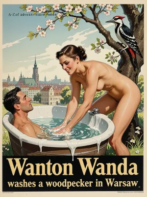 Wanda, she is smiling, she leaning over washing a man an old outdoor bathtub, soapy water, a large woodpecker in a blossoming tree nearby. Warsaw's old town skyline visible in the background, soft spring morning light, In the style of a 1930s travel poster, water colour illustration, strong line work.

Very small text across the top "A-Z of adventurous women"

Text across the bottom "Wanton Wanda washes a woodpecker in Warsaw"