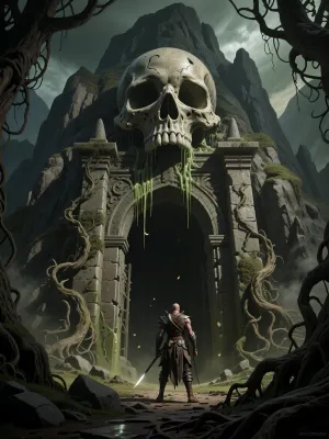 (Epic shot), of a lone warrior facing a colossal skull gate entrance carved into a mountain, ((skeletal details), dripping goo, weathered stone, ancient architecture, vines, roots, creepy, ominous), (fantasy art, dark fantasy), (highly detailed, intricate, gritty texture), volumetric lighting, dramatic shadows, muted dark colors, greens, browns, grays, desaturated, deep perspective, (digital painting, concept art by Frank Frazetta, Zdzisław Beksiński), grim, atmospheric, (masterpiece, best quality, ultra high resolution), sharp focus, professional artwork, award winning