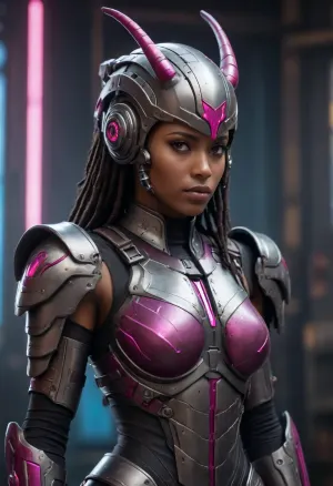 Highly detailed cinematic portrait of a fierce cyberpunk female warrior, dark bronze skin, sharp facial features, full lips, intense glowing magenta-pink cybernetic eyes. She wears an intricate biomechanical silver-white and black armor with glowing red energy accents and complex mechanical details. Elaborate futuristic helmet with two large curved metallic horns featuring purple glowing elements, long thick black dreadlocks flowing down her back and shoulders. Form-fitting segmented torso armor with prominent white chest plates, large armored pauldrons, mechanical straps, cables and panels. Dramatic three-quarter view, slight low angle, confident pose, looking to the side. Dark moody futuristic background with blurred blue vertical structures and atmospheric haze. Cinematic volumetric lighting, strong contrast, realistic metal textures, intricate mechanical details, sharp focus, photorealistic rendering, masterpiece, best quality, ultra detailed, 8k in the style of detailed sci-fi concept art, digital painting