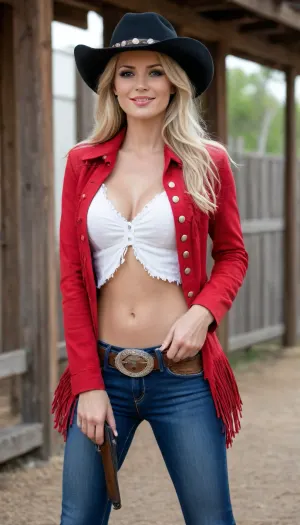 beautiful american wild west cowgirl 28 years, very sexy, athletic, tall, 1.88 meters height, very long blonde hair with long extensions, big tits, sexy, smile, excitant, full makeup, big cute blue eyes, long nose, big lips, full body show from kneel to head, texas, year 1911, wearing Cowgirl Fringed Jacket red, wearing long jeans dark blue cowgirl pants, holding a pistol and wearing cowgirl hat