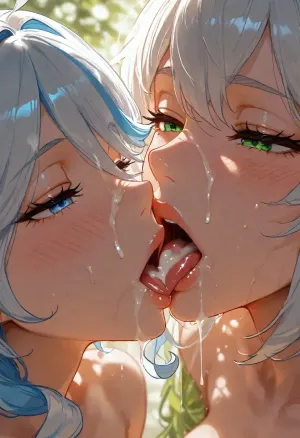 2girls, (elf), cum on nose, (facial), upper body shot. view from front above, (elf:1.1), NAHIDA and FURINA from GENSHIN IMPACT, upper body photo, kissing tongues, saliva, open mouth, tongue out, lips, licking, seductive, half-closed eyes, cum dripping from side of mouth, cum dripping from tongue, facial, FACIAL CUMSHOT. CUM ON FOREHEAD. smile, horny face, naughty face, blushing, (dappled light, dappled sunlight), <lora:MJ52:1.4>, <lora:add-detail-xl:1.8>, <lora:Jeweled eyes-NAI:.8>, <lora:BUT_SDXL_SHS:.8>, <lora:SDXL Detail:1.4>