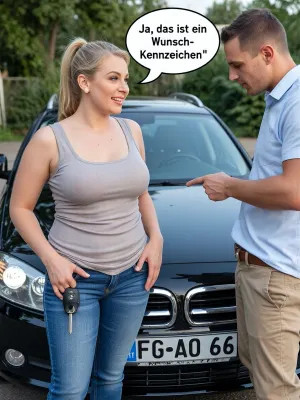 very obese fat mature, a real ssbbw, she is in jeans and a tight tank top, hot summer day, woman is standing at her car, car keys in her hand, a dressed man is standing beside here, he is directly pointing to the car plate, he is looking at her, speech bubble of the woman "Ja, das ist ein Wunsch-Kennzeichen", the german car plate is "FG-AO 66"
