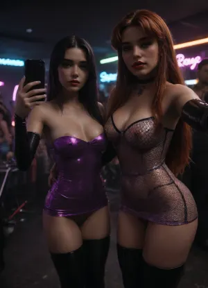 Ziprealism, score_9, score_8_up, Two girls, 3/4th view, selfie, best friends, side, (((young))), (starfire and raven from ttg:1.3), (firm breasts), (bright colorful fluorescent seethrough fishnet mini dress), sheer micro thong, (((horny))), (((shy))), submissive, eye contact, ((crowded rave, bright colorful neon lights, Neon)), (very shiny skin:1.4), page, seductive look, long eyelashes, red lipstick, thigh high stockings boots, long latex gloves, Erect nipples, nipple piercings, (ultra-realistic:1.4), (maximum quality:1.4), (high resolution:1.4), (extreme detail:1.4), (maximum detailed skin:1.4), green, eyes, blue, brown, perfecteyes, <lora:dark:.1>, <lora:Neon Night:1>, <lora:PerfectEyesXL:.8>