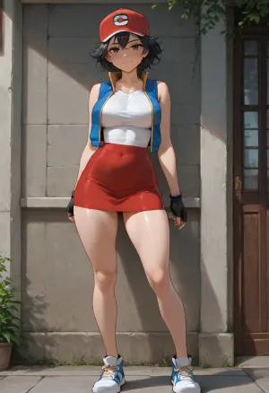 masterpiece, best quality, absurdres, newest, highres, very aesthetic, 1girl, solo, mature female, adult, ash ketchum, (pokemon), genderswap, short black hair, messy hair, spiked hair, brown eyes, beautiful detailed eyes, red and white baseball cap, green underside of hat, blue sleeveless jacket, white undershirt, red skirt, black fingerless gloves, sneakers, athletic body, slim waist, medium breasts, toned thighs, standing, looking at viewer, slight smile, outdoors, pokemon style, detailed face, detailed eyes, intricate details