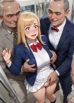 (Standing:1.4), realism, forced, reveals, open legs, feets, arched back, short French girl, {{ perfect face, masterpiece, big eyes, (wide-eyed:1.2), (crying:1.5), (young French girl:1.2), (the girl is 18 Years old French girl dressed in white panties and white skirt and Navy blue blazer and white shirt and red bow tie and Black socks and red shoes and Silver ring bracelet), (Navy blue blazer:1.5), blue eyes, (blonde hair:1.3), (forehead:1.3), (swept bangs:1.4), long hair, (natural straight hair:1.3), (crying:1.4), afraid, (shocking:1.4), indoors, groping, (grabbing:1.6), (gangbang:1.5), fingering, finger fuck, 8, (hands, caress, a, girl body:1.3), {, (55 years old ugly Asian men:1.5), (ugly old man:1.3), (smiling men are clothing shirts:1.2), }, (in train)