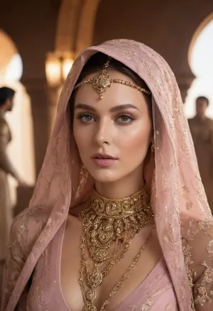 (based on a scene from the film ‘Dune’), Lady Jessica of the Bene Gesserit Order, official concubine of Duke Leto Atreides, upon arrival on Arrakis, (in richly decorated attire), ((with a mesh veil covering her face)), (beautiful expressive eyes), ((low-cut dress with a hood)), (intricate gold chains and necklaces), ((mesh sleeves), gold inlaid belt, (soft pink fabric), (subdued color), (deep shadows), (soft lighting), (portrait), ((woman from the entourage in the background)), (cinematic quality), (photorealism), (high detail), (depth of field), (staged), (epic scale), (atmospheric))