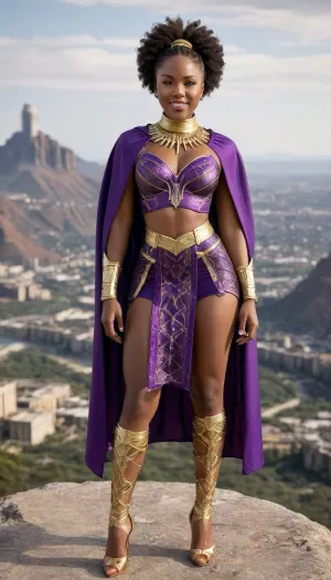 curly hair, mocha skin, smiling, wakanda, bmbplora, <lora:bimboxl_02:.7>, her outfit is a vibrant blend of African heritage with high-tech and futuristic elements, traditionally featuring a mix of bold, intricate patterns and textures, earthy color palette with highlights in royal purples, blacks, rich reds, and golds, symbolizing power and elegance, the outfit consist of a fitted bodice adorned with elaborate beadwork or metallic embroidery, giving it a regal, warrior-like appearance, In the heart of Wakanda, a powerful woman stands on a cliff overlooking the vibrant, futuristic city below, her presence commanding respect and admiration. Clad in traditional yet high-tech attire, she embodies both elegance and strength, her intricately beaded bodice catching the sunlight, glinting as if it were embedded with precious metals. Her skirt flows around her legs with every gust of wind, the fabric alive with bold geometric patterns that speak of her heritage. A richly decorated cape drapes over her shoulder, its deep purple and gold hues symbolizing her high status, while the faint hum of a hovercraft passing below hints at the marvels of Wakandan technology. Her braided hair, interwoven with delicate silver and gold threads, frames her face, highlighting eyes that are both wise and determined. In her stance and gaze lies the quiet confidence of a protector and a leader, a woman bound to her people by tradition, honor, and an unwavering dedication to the land of Wakanda