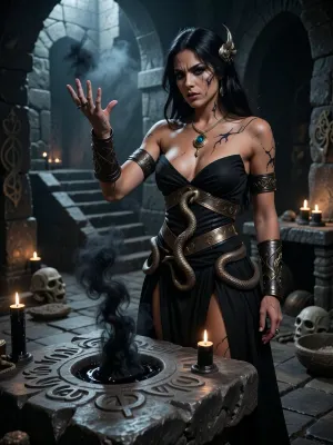 A cinematic, dark fantasy scene depicting a Stygian dark sorcerer from the Hyborian Age, performing a forbidden ritual deep inside an ancient subterranean dungeon. She is a strikingly beautiful woman in her mid-twenties, with long dark hair, intense dark eyes, and sun-bronzed skin, possessing the dangerous allure of a femme fatale, beautiful in a sinister, corrupted, predatory way rather than innocent or delicate.

Her body and face show subtle but unmistakable signs of corruption caused by prolonged exposure to forbidden magic, faint blackened veins beneath parts of her skin, dark discoloration spreading from her fingertips, unnatural shadow-like markings around her eyes, small areas of cracked skin glowing very faintly with sickly arcane energy, while she remains recognizably human and extraordinarily beautiful.

She wears dark Stygian ritual garments inspired by an ancient decadent desert kingdom, black linen, dark leather, bronze and tarnished gold ornaments, serpent-shaped jewelry, ritual belts, engraved armlets, and pieces of revealing but practical ceremonial clothing. Her appearance should feel ancient, dangerous, aristocratic and sorcerous.

She stands before a massive crudely carved stone altar, conducting a dark ritual. Ancient symbols and serpent motifs have been roughly cut into the altar and surrounding stone floor. Strange black smoke, shadowy magical energy and faint unnatural light rise from the ritual site, illuminating her face from below. Her hands are raised as she manipulates the forbidden magic, her expression focused, confident and quietly malevolent.

The dungeon is primitive, oppressive and brutal in construction, built entirely from enormous roughly hewn dark stone blocks. Walls, pillars, steps, benches, tables, ritual stands and altars are all made from coarse unfinished stone. Nothing should look polished, luxurious or clean. The chamber feels ancient, subterranean and almost prehistoric, as though carved directly into the earth centuries ago.

Sparse black or very dark wax candles burn around the ritual area, their small flames barely penetrating the darkness. Pools of heavy shadow dominate the room. Ancient skulls, weathered ritual objects, crude stone bowls and traces of old sacrifices may be present, but the environment remains restrained and believable rather than cluttered.

Low-key cinematic lighting, deep blacks, warm candlelight mixed with faint sinister magical illumination, dramatic chiaroscuro, volumetric smoke, oppressive atmosphere, gritty realistic textures, weathered stone, realistic anatomy, realistic skin texture, detailed hands, detailed eyes, natural proportions, dark mature sword-and-sorcery aesthetic, photorealistic, cinematic realism, highly detailed, brutal ancient fantasy atmosphere.