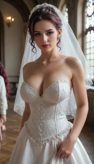 shallow depth of field, 85mm lens, ((18-year-old)), beautiful, athletic, ((young)), petite, super model, ((black eye shadow)), brunette updo hair with purple highlights, (((Mahogany skin tone))), ((tight large breasts)), (bridal veil), ((white wedding dress with white corset)), ((inside an opulent cathedral)), ((posing like a super model)), direct eye contact, warm glow, cinematic atmosphere