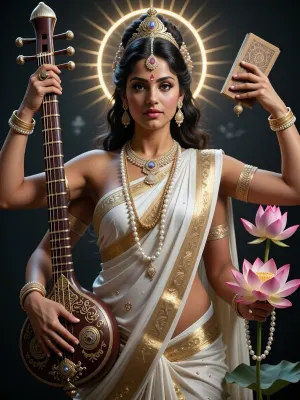 An award-winning masterpiece, a hyper-realistic, divine portrait of the goddess Saraswati in a white and gold sari, captured in a cinematic medium shot showing her entire upper body, including all her limbs. The character design strictly specifies exactly four distinct and fully visible arms, arranged symmetrically and harmoniously within a balanced composition. The face is exceptionally detailed, it features intricate patterns in the irises, realistic reflections on the corneas and sharp, crystal-clear highlights. All four hands are impeccably rendered in accordance with perfect anatomy, with fine lines on the palms, realistic shiny nails and detailed cuticles. Each of the four hands holds a specific sacred object with absolute precision, hand 1 holds a traditional Saraswati vina with exactly seven distinct, thin metal strings, hand 2 holds an ancient sacred book in the form of, Hand 3 holds a prayer necklace made of shimmering, iridescent white pearls, Hand 4 holds an unblemished, fully bloomed pink lotus flower with visible dewdrops. A divine, radiant aura, an elegant composition, a three-dimensional atmosphere, ultra-high 8K resolution, photorealistic textures, rendered in Unreal Engine 5, striking studio lighting, and symmetrical balance — a four-armed masterpiece.