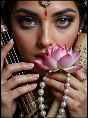 An award-winning masterpiece — a hyper-realistic, divine portrait of the goddess Saraswati, featuring a close-up of her face and upper body. Her eyes are exceptionally detailed and expressive. She has four flawless, perfectly formed hands with meticulously rendered anatomical details, fine lines on the palms, realistic nails with a translucent sheen, (and clearly defined cuticles), (. Each hand holds a sacred object with absolute precision:1), The first hand holds Saraswati’s traditional vina, historically accurate, with exactly seven distinct, thin metal strings. 2, The second hand holds an ancient sacred book in the form of a partially unrolled parchment scroll with detailed text. 3, The third hand holds a sumptuous rosary of shimmering, iridescent white pearls with realistic, soft reflections. 4, The fourth hand holds an unblemished, fully bloomed pink lotus flower with a velvety texture and visible dewdrops on the petals. A divine, radiant aura, elegant, cinematic lighting, a three-dimensional atmosphere, ultra-high resolution, photorealistic textures, a highly detailed composition, dramatic studio lighting.