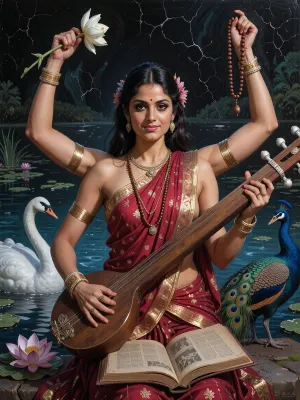 A frontal view of a figure of average height with a perfectly balanced composition. A beautiful young Indian woman with a gentle smile and four distinct, symmetrically arranged arms. Her two upper arms are raised, in one hand she holds a single white lotus flower, in the other a string of brown prayer beads. Her two lower arms hold Saraswati’s wooden vina and an ancient open book. Mesmerising dark eyes, with a detailed close-up of the face. A majestic white swan on the left, a vibrant peacock on the right. Deep, rich colours, a serene lake strewn with lotuses in the background, and delicate crackle-glaze details.