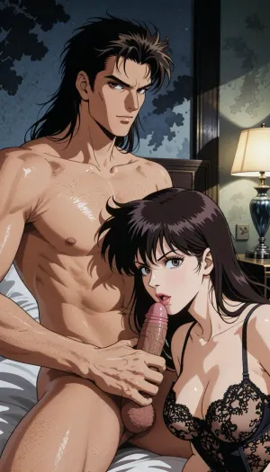 Pure japan animation drawing. A authentic 1990s Japanese anime cel screenshot from a hardboiled crime OVA. Pure traditional 2D hand-drawn artwork in the iconic style of City Hunter, featuring character designs with elongated, sculpted faces, sharp features, and expressive eyes with hand-painted catchlights. Classic physical ink lines on hand-painted acetate celluloid, the scene centers on the theme "What's going on in a hotel room?" .

The true 1990s anime aesthetic is defined by heavy, high-contrast shadow blocks, creating a dark, nocturnal atmosphere. Authentic vintage cel shading with hard-edged paint lines, specular hair highlights, Hand-painted retro anime background, vintage painted gouache scenery on paper, soft watercolor textures, flat hand-drawn matte background, vintage matte painting style. Rich, saturated late-night color palette. Pure 1990s cel animation production frame. Pure vintage animation style, backgrounds, lamp and bed are drawing with ink and painting entirely in gouache. All the background elements were carefully hand-painted in the purest style of traditional Japanese animation. In an hotel room in the style of traditional animation with no bedside lamp, a strong, muscular naked man— drawing like Ryo Saeba from detective animation City Hunter, Voluminous, dark brown, messy, layered 1990s anime mid-length hair with a parted fringe and charming smile —is with a dark hair young woman who is ready to suck his enormous cock, his vrry enormous, excessive, cock is perfectly positioned. he is sitting on the bed. His strong hand is well positioned. She is wearing luxurious lace lingerie, her large, nippon animation-style eyes express intense pleasure. Body are drawing in 2D, zero 3D, zero CGI.

A nocturnal, mysterious atmosphere in a hotel room. High-contrast indoor atmosphere, playing with chiaroscuro, sensuality, and the codes of retro detective anime.