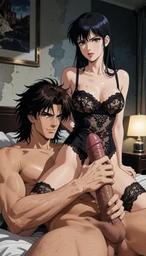Pure japan animation drawing. A authentic 1990s Japanese anime cel screenshot from a hardboiled crime OVA. Pure traditional 2D hand-drawn artwork in the iconic style of City Hunter, featuring character designs with elongated, sculpted faces, sharp features, and expressive eyes with hand-painted catchlights. Classic physical ink lines on hand-painted acetate celluloid, the scene centers on the theme "What's going on in a hotel room?" .

The true 1990s anime aesthetic is defined by heavy, high-contrast shadow blocks, creating a dark, nocturnal atmosphere. Authentic vintage cel shading with hard-edged paint lines, specular hair highlights, Hand-painted retro anime background, vintage painted gouache scenery on paper, soft watercolor textures, flat hand-drawn matte background, vintage matte painting style. Rich, saturated late-night color palette. Pure 1990s cel animation production frame.

A strong, muscular naked man— drawing like Ryo Saeba from detective animation *City Hunter*, Voluminous mid-length, dark brown, messy, layered 1990s anime hair with a parted fringe and charming smile—is beneath a dark hair young woman who is straddling him, his large, enormous cock is perfectly positioned. His strong hands are well positioned on her body. She holds the monstruous cock. She is wearing luxurious lace lingerie, her large, nippon animation-style eyes express intense pleasure. Body are drawing in 2D, zero 3D, zero CGI. They are in a motel-style hotel room.

A nocturnal, mysterious atmosphere in a hotel room shrouded in dim light. High-contrast cinematic indoor lighting, playing with chiaroscuro, sensuality, and the codes of retro detective anime.
