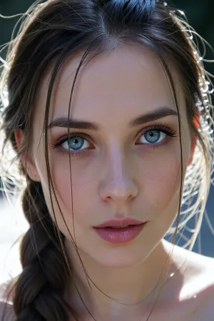(experimental avant-garde portrait photography:4), (striking closeup of a 27yo woman's brilliant blue eyes), (surreal scene with intense hairglow lighting), (stray strands of hair framing her face), (outdoors daylight scene)