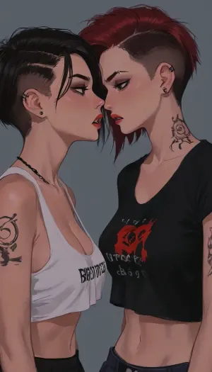 (side perspective), beautiful punk chick with a ripped t-shirt, frayed pleated miniskirt, piercings and tattoos, in a punk club, lesbian haircut, undercut hair, handcuffs, cleavage, back arched, angry, snarling, (hyper detailed), side boob, underboob, sideboob, large saggy breasts, no bra, (SamDoesArts:.9), drawing, (J_cartoon:1.3), (incase:.5), <lora:SDXLSamDoesArts:.5>, <lora:mk_Bp Anime_xl:.2>, <lora:EnvyAnimeDigitalPaintingXL01:.1>, <lora:ratatatat74-000050:.1>, <lora:J_cartoon:.1>