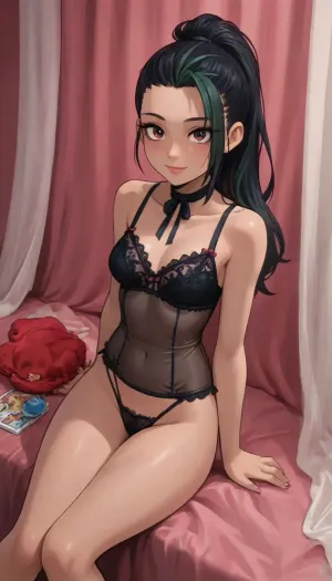 Score_9, score_8_up, score_7_up, Reiq meets innv style, smiling, nemona from pokemon, luxurious lace lingerie, opulent background, sitting, high angle, pouty lips, black hair, pubic hair, dark pink background, red curtains, bright blue spotlight, (thick outline), (terasu_mc), cute, doodle, ratatatat74, <lora:cutedoodle_XL-000012:.8>, <lora:ratatatat74-000050:.8>, <lora:NEOTOKIOXL_0.2_RC:.8>