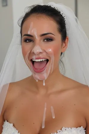 3/4 body shot of happy woman wearing wedding dress with massive amounts cum on her face, (((facial))), open mouth, (cum in mouth:1.3)