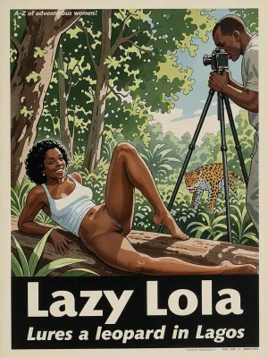 Lola, lazy and alive, she is reclining with an inviting smile, black-skinned, a man with an old camera on tripod, a lush jungle clearing near Lagos, dense green canopy visible, dappled afternoon light the scene, a leopard approaching through the undergrowth, she is lounging on a fallen log, completely at home in the chaos of the moment.

In the style of a 1930s travel poster, water colour illustration, strong line work.


Very small text across the top "A-Z of adventurous women"

Text across the bottom "Lazy Lola lures a leopard in Lagos"