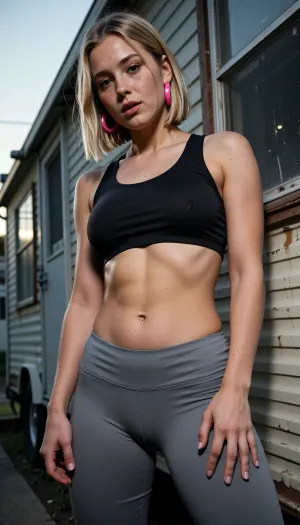 A dirty looking trailer park young muscular busty woman with bob cut straight dirty blonde hair, her tummy is flat with clearly defined abs, she is muscular and strong, with a youthful round face with freckles, no makeup, she is posing provocatively outside her rundown old trailer home, obviously trying to make money as a sex worker. She's only wearing tight grey yoga pants with a clearly defined and obvious cameltoe, very large pink plastic hoop earrings, and a tight black sports top. Harsh flash photography lighting, narrow field of view, natural evening light mixed with harsh flash photography, gritty realism, believable detailed cloth texture, realistic anatomy, realistic skin texture, detailed hands, detailed fingers, detailed eyes, photorealistic amateur photography, highly detailed, dark realistic documentary, poor trailer park atmosphere.