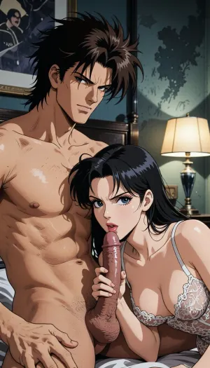 Pure japan animation drawing. A authentic 1990s Japanese anime cel screenshot from a hardboiled crime OVA. Pure traditional 2D hand-drawn artwork in the iconic style of City Hunter, featuring character designs with elongated, sculpted faces, sharp features, and expressive eyes with hand-painted catchlights. Classic physical ink lines on hand-painted acetate celluloid, the scene centers on the theme "What's going on in a hotel room?" .

The true 1990s anime aesthetic is defined by heavy, high-contrast shadow blocks, creating a dark, nocturnal atmosphere. Authentic vintage cel shading with hard-edged paint lines, specular hair highlights, Hand-painted retro anime background, vintage painted gouache scenery on paper, soft watercolor textures, flat hand-drawn matte background, vintage matte painting style. Rich, saturated late-night color palette. Pure 1990s cel animation production frame. Pure vintage animation style, backgrounds, lamp and bed are drawing with ink and painting entirely in gouache.

A strong, muscular naked man— drawing like Ryo Saeba from detective animation *City Hunter*, Voluminous, dark brown, messy, layered 1990s anime hair with a parted fringe and charming smile—is with a dark hair young woman who is ready to suck his enormous cock, his enormous, excessive, cock is perfectly positioned. he is sitting on the bed. His strong hand is well positioned. She is wearing luxurious lace lingerie, her large, nippon animation-style eyes express intense pleasure. Body are drawing in 2D, zero 3D, zero CGI. They are in a motel-style hotel room.

A nocturnal, mysterious atmosphere in a hotel room. High-contrast indoor atmosphere, playing with chiaroscuro, sensuality, and the codes of retro detective anime.