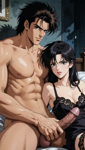 Pure japan animation drawing. A authentic 1990s Japanese anime cel. Pure traditional 2D hand-drawn artwork in the style of City Hunter, featuring character designs with elongated, sculpted faces, sharp features, and expressive eyes. Classic physical ink lines on hand-painted acetate celluloid, the scene centers on the theme "What's going on in a hotel room?" .

The true 1990s anime aesthetic is defined by heavy, high-contrast shadow blocks, creating a dark, nocturnal atmosphere. Authentic vintage cel shading with hard-edged paint lines, Hand-painted retro anime background, vintage painted gouache scenery on paper, soft watercolor textures, flat hand-drawn matte background, vintage matte painting style. Saturated late-night color palette. Pure 1990s cel animation production frame. Pure vintage animation style, backgrounds is drawn with ink and painted with gouache. In a Rome stripped of all ornamentation in the style of traditional animation, a strong, muscular naked man— drawing like Ryo Saeba from detective animation *City Hunter*, Voluminous, dark brown, messy, layered 1990s anime hair with a parted fringe and charming smile—is with a dark hair young woman who is ready to suck his enormous cock, his enormous, excessive, cock is perfectly positioned. he is sitting on the bed. His strong hand is well positioned. She is wearing luxurious lace lingerie, her large, nippon animation-style eyes express intense pleasure. Body are drawing in 2D, zero 3D, zero CGI.

A nocturnal, mysterious atmosphere. High-contrast indoor atmosphere, playing with chiaroscuro, sensuality, and the codes of vintage detective anime.