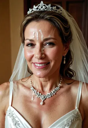 3/4 body shot of happy 50-year-old woman wearing wedding dress with cum on her forehead, facial, <lora:Facials:1>
