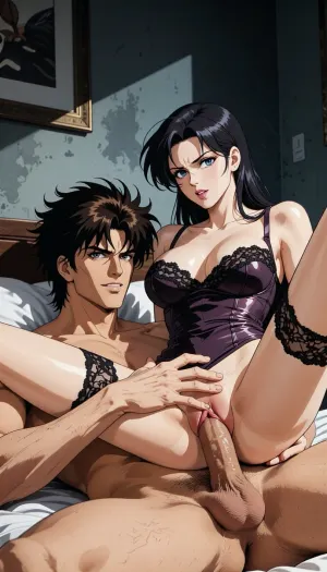 Pure japan animation drawing. A authentic 1990s Japanese anime cel. Pure traditional 2D hand-drawn artwork in the style of City Hunter, featuring character designs with elongated, sculpted faces, sharp features, and expressive eyes. Classic physical ink lines on hand-painted acetate celluloid, the scene centers on the theme "What's going on in a hotel room?" .

The true 1990s anime aesthetic is defined by heavy, high-contrast shadow blocks, creating a dark, nocturnal atmosphere. Authentic vintage cel shading with hard-edged paint lines, Hand-painted retro anime background, vintage painted gouache scenery on paper, soft watercolor textures, flat hand-drawn matte background, vintage matte painting style. Saturated late-night color palette. Pure 1990s cel animation production frame. Pure vintage animation style, backgrounds is drawn with ink and painted with gouache.

In a Room stripped of all ornamentation in the style of traditional animation, a strong, muscular naked man— drawing like Ryo Saeba from detective animation *City Hunter*, Voluminous, dark brown, messy, layered 1990s anime hair with a parted fringe and charming smile. He's lying under a woman. The dark hair woman is straddling him and is fucked, his enormous, excessive, cock is perfectly positioned. His strong hand is well positioned. The pénétration is explicit, with view on the cock in vagina. She is wearing luxurious lace lingerie, her large, nippon animation-style eyes express intense pleasure. Body are drawing in 2D, zero 3D, zero CGI.

A nocturnal, mysterious atmosphere. High-contrast indoor atmosphere, playing with chiaroscuro, sensuality, and the codes of vintage detective anime.