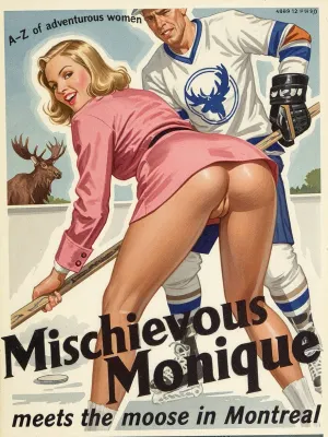 Monique, coat short pink dress, blond, she is grinning holding a hockey stick, she is skating outdoors in Montreal, she bends over showing her bare arse, pussy visible, an ice hockey player, his top has a moose logo, in the distance a moose watch them, completely at home in the chaos of the moment.

In the style of a 1930s travel poster, water colour illustration, strong line work. Very small text across the top "A-Z of adventurous women"

Text across the bottom "Mischievous Monique" "meets the moose in Montreal"