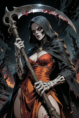 (Dark Fantasy Artwork), low angle, an illustration, with bold expressive lines, shading. colored lines. 40 yo. death, occult, Armageddon, cruel, eerie, ancient large scythe, hot dress, cloak, hood, natural beauty. Detailed dark fantasy artwork, dark gritty apocalyptic lighting, gritty artwork, realistic anatomy, believable skin texture, detailed hands, detailed fingers, detailed eyes, high quality colored ink illustration, highly detailed, dark fantasy art, dark doomed atmosphere.