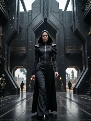 A cinematic, photorealistic portrait scene depicting a young Bene Gesserit witch of Harkonnen origin in the Dune universe, mid-twenties, walking through the monumental interior of a Harkonnen stronghold on Giedi Prime, on her way to a private audience with Baron Vladimir Harkonnen. She is strikingly beautiful in a cold, severe, aristocratic way, with very pale skin, refined angular features, dark intense eyes, and smooth black hair partly concealed beneath an austere Bene Gesserit hood and headdress. Her expression is calm, unreadable and controlled, projecting intelligence, discipline, danger, and absolute self-possession.

Her clothing combines traditional Bene Gesserit severity with subtle Harkonnen aesthetics, a long fitted black ceremonial gown of heavy matte fabric, structured high collar, layered black robes, narrow sleeves, minimal ornamentation, elegant but intimidating silhouette, no exposed armor, no obvious weapons. Small details hint at noble Harkonnen blood without making her look like a military officer.

She walks alone through a vast brutalist corridor inside the Harkonnen palace, surrounded by monumental black architecture, massive industrial walls, polished dark stone, exposed metal, severe geometric forms, enormous doorways, oppressive scale and almost no decoration. Through distant openings and high windows, the polluted industrial landscape of Giedi Prime is visible beneath its harsh pale sun, filled with enormous refinery structures, smoke, haze and black silhouettes.

Ahead of her stands the immense entrance to Baron Vladimir Harkonnen's audience chamber, guarded by distant Harkonnen soldiers. She is approaching the doors with deliberate confidence, fully aware that she is entering the presence of one of the most dangerous men in the Imperium. The atmosphere is oppressive, ceremonial and politically dangerous, suggesting hidden agendas, Bene Gesserit manipulation and Harkonnen brutality.

Full-body to three-quarter composition, camera slightly below eye level, she remains the clear focal point while the gigantic architecture emphasizes her isolation and confidence. Harsh monochromatic Giedi Prime lighting, pale diffuse sunlight, deep blacks, metallic reflections, volumetric haze, subtle film grain, realistic skin texture, realistic anatomy, extremely detailed fabric, cinematic depth of field, high-end science-fiction production design, restrained color palette, brutalist dystopian atmosphere, serious mature tone.