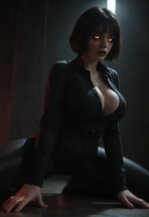 (vampire woman, fully clothed, dark short hair), black leather suit, spread legs, big breasts, push-up, black closed button-down shirt, Mascara running, ((Red glowing pupils)), black tight pants, <lora:dark:.8>, huge, massive, <lora:SDXL_MassiveCowsLoRA_v1:.8>